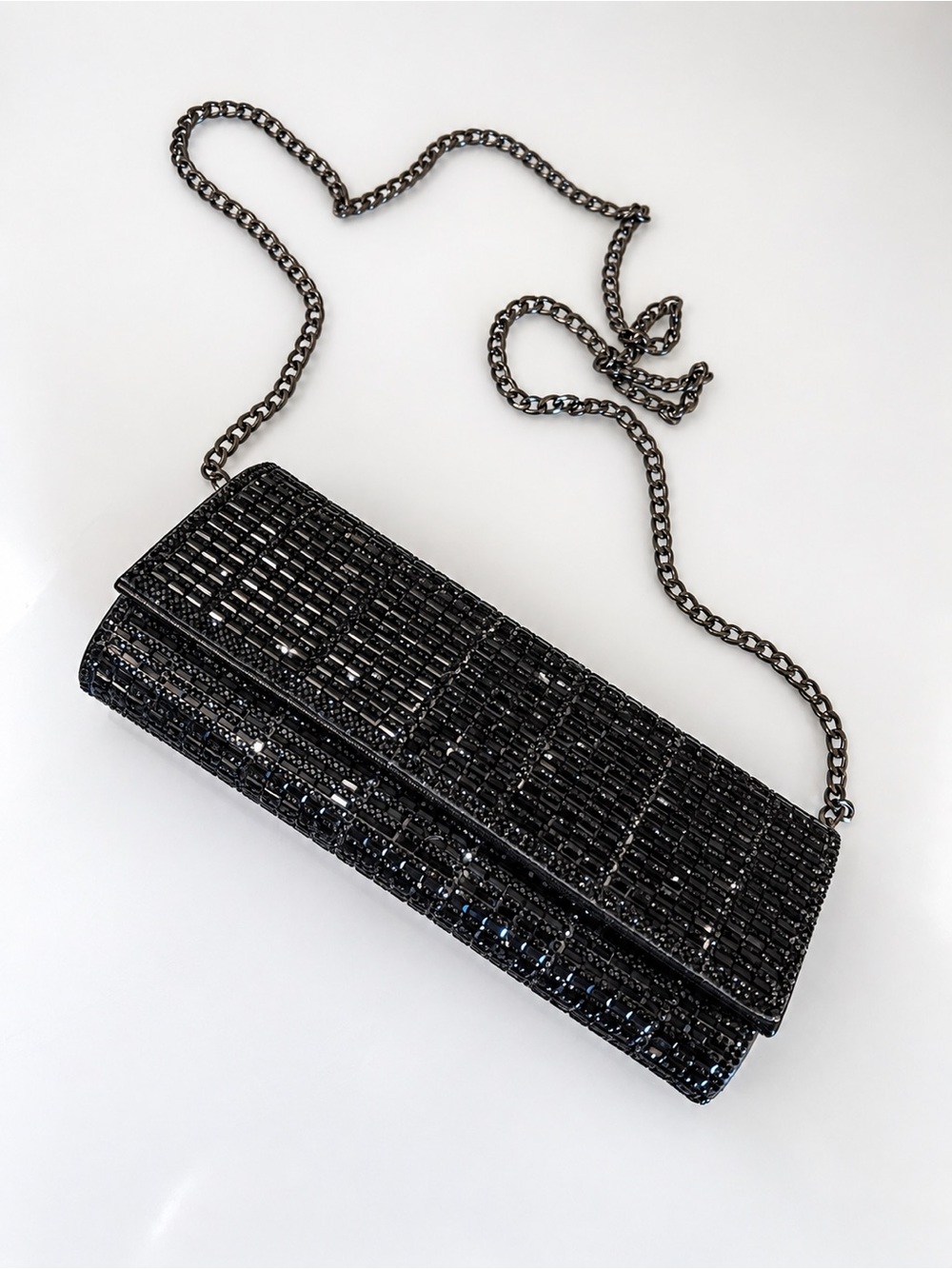 STARLET Black Beaded Evening Bag Gunmetal Chain Shoulder Clutch Y2K